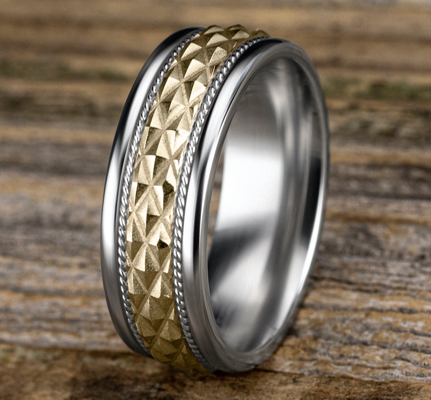 THE GIZA 8mm, Comfort fit, 14K White and Yellow Gold, Pyramid patterned center, rope detailing, polished round edges