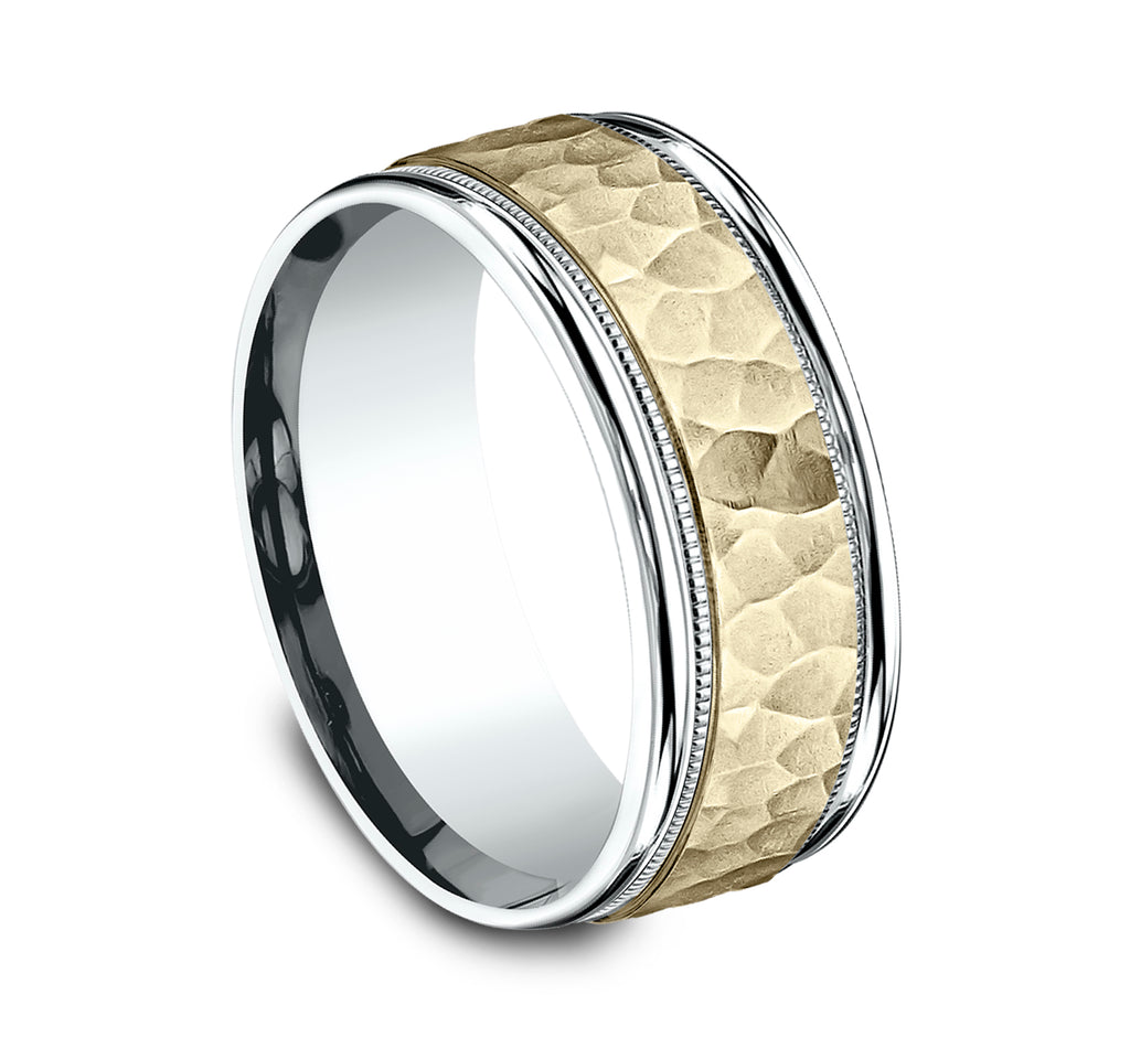 THE BAXTER 8mm, Comfort fit, 14K White and Yellow Gold, Hammered center, milgrain detailing, polished round edges