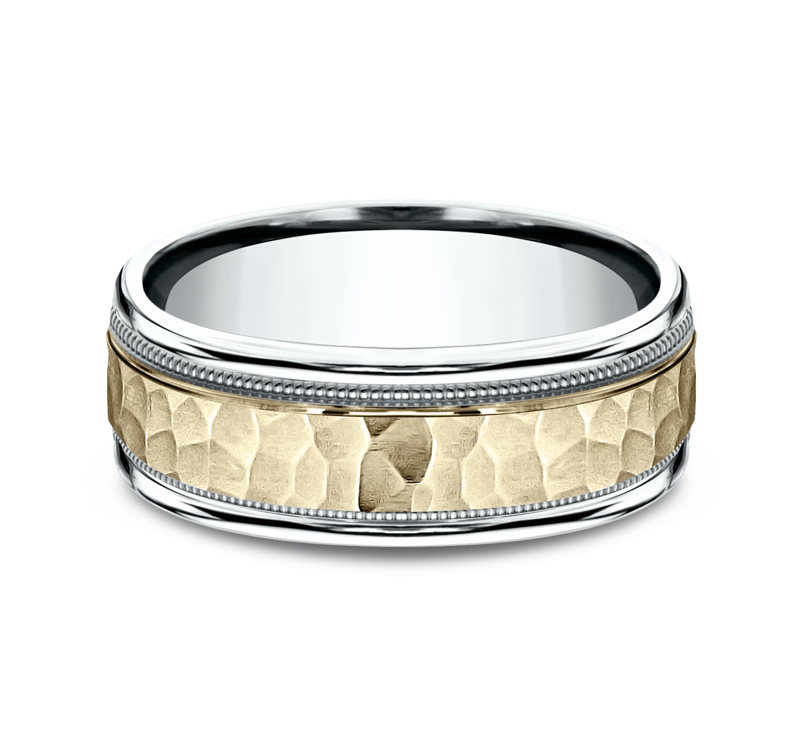 THE BAXTER 8mm, Comfort fit, 14K White and Yellow Gold, Hammered center, milgrain detailing, polished round edges
