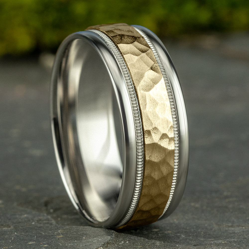 THE BAXTER 8mm, Comfort fit, 14K White and Yellow Gold, Hammered center, milgrain detailing, polished round edges