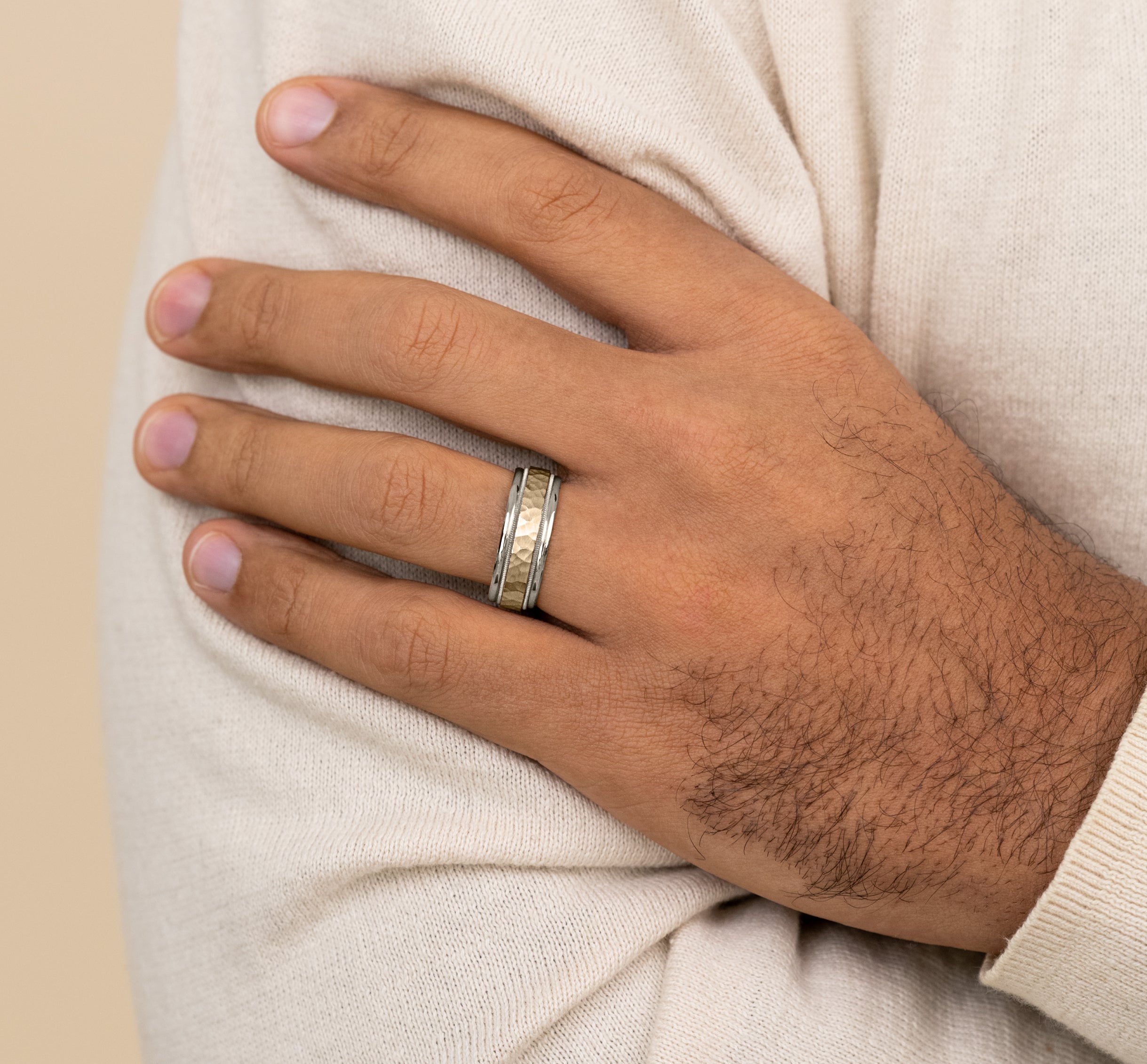 THE BAXTER 8mm, Comfort fit, 14K White and Yellow Gold, Hammered center, milgrain detailing, polished round edges