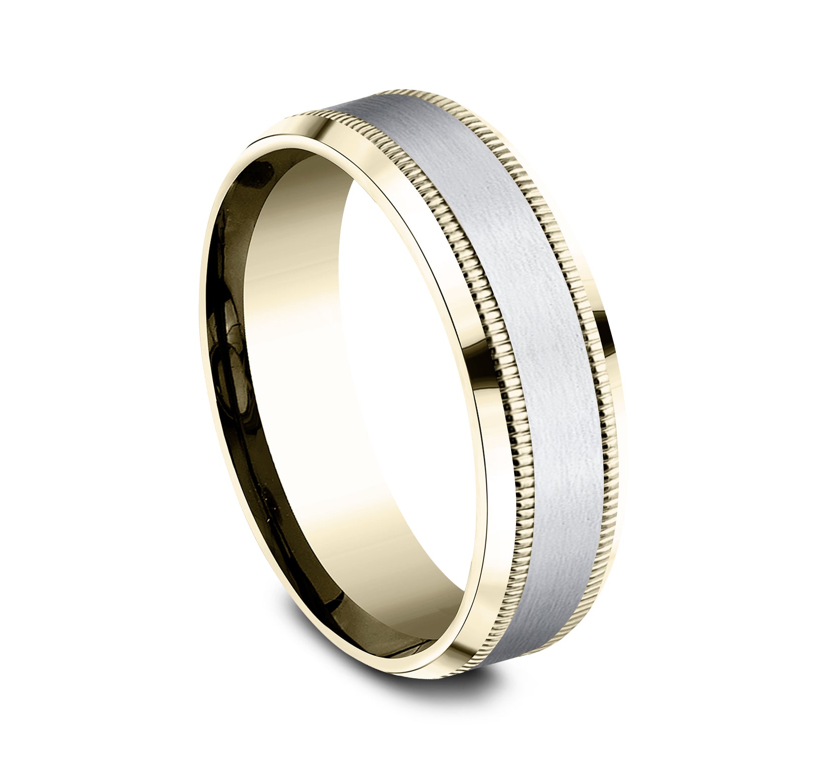 THE SAGE 7mm, Comfort fit, 10K Yellow and White Gold, Satin center, milgrain detailing, polished bevel edges