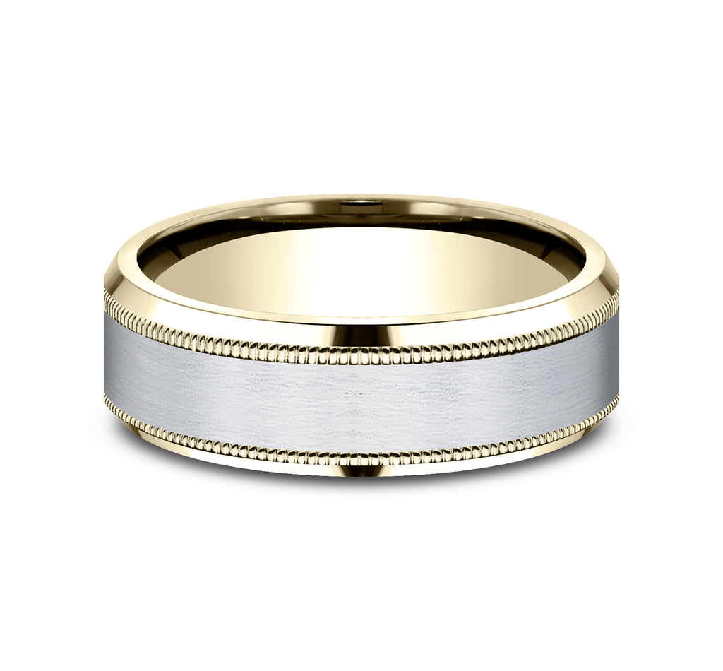 THE SAGE 7mm, Comfort fit, 10K Yellow and White Gold, Satin center, milgrain detailing, polished bevel edges