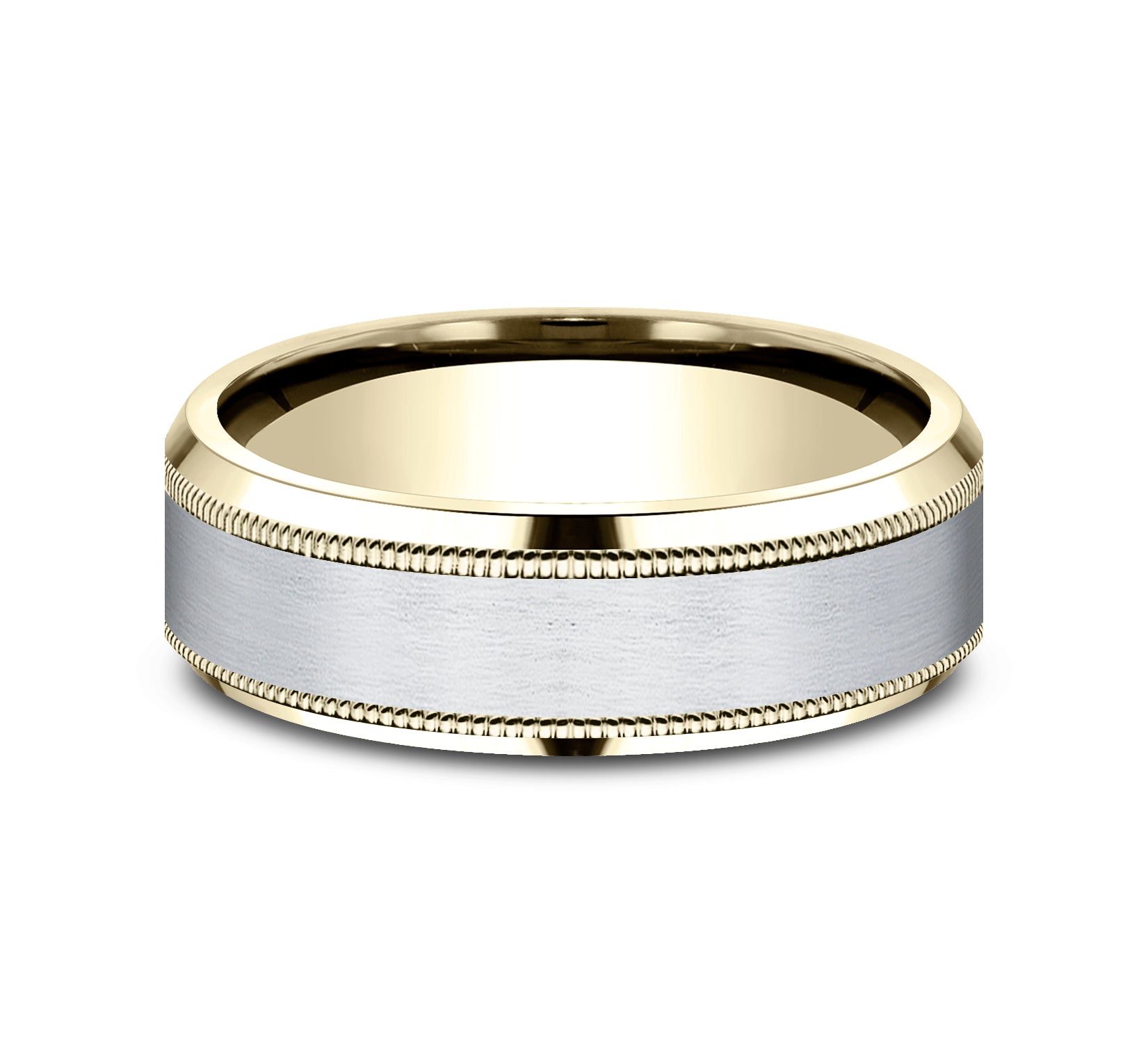 THE SAGE 7mm, Comfort fit, 10K Yellow and White Gold, Satin center, milgrain detailing, polished bevel edges