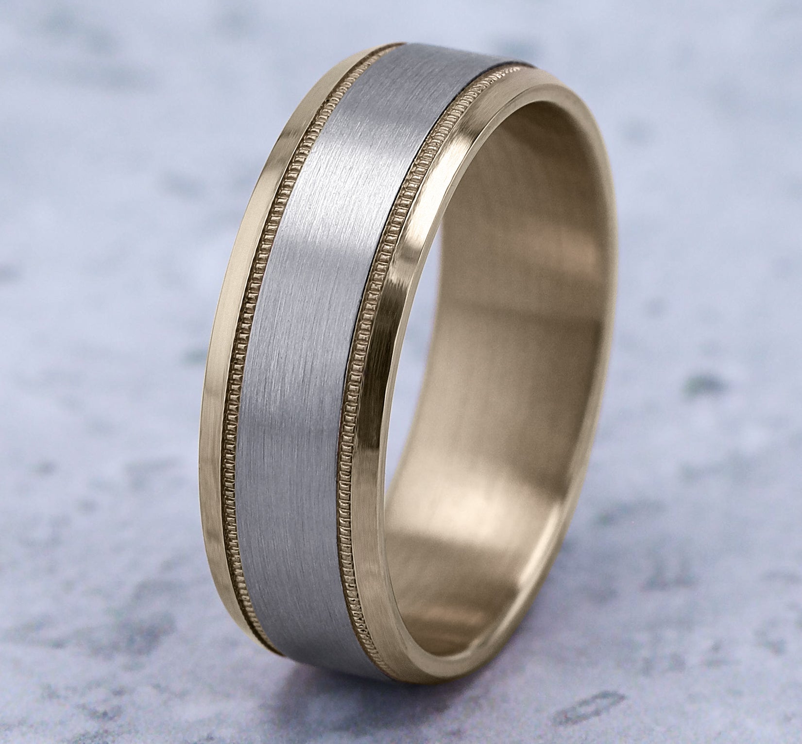 THE SAGE 7mm, Comfort fit, 10K Yellow and White Gold, Satin center, milgrain detailing, polished bevel edges