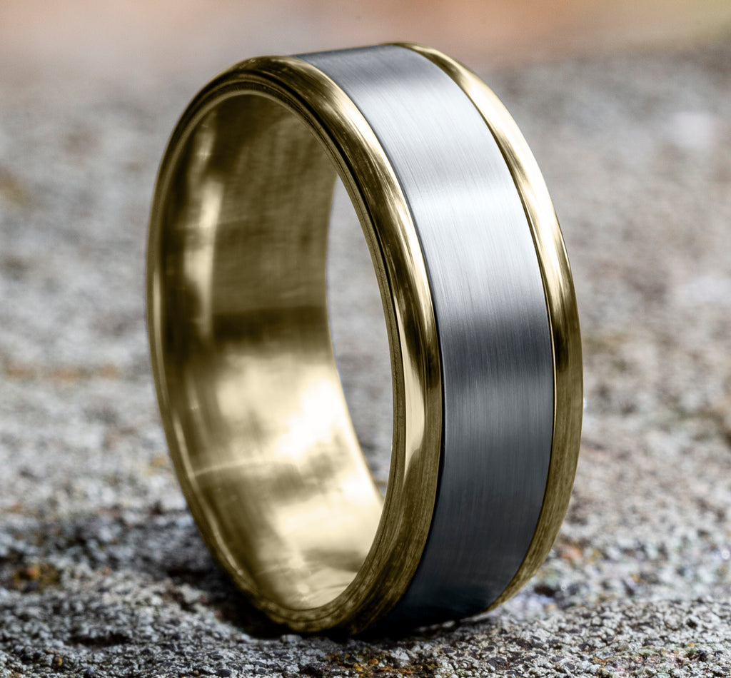 THE DUKE 8mm, Comfort fit, 14K Yellow and White Gold, Satin center, polished bevel edges