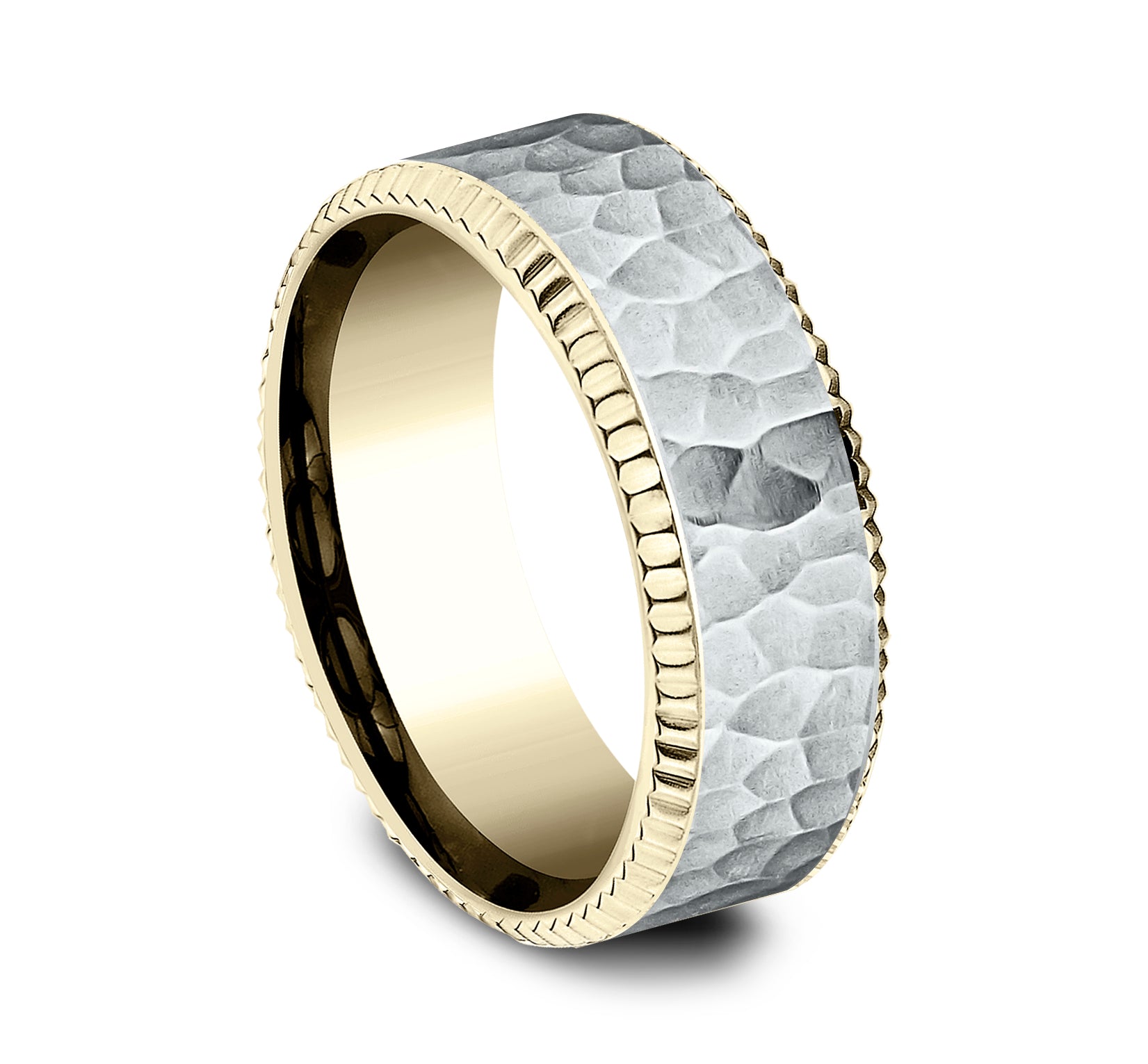 THE ANDERSON 8mm, Comfort fit, 14K Yellow and White Gold, Hammered center, coined bevel edges