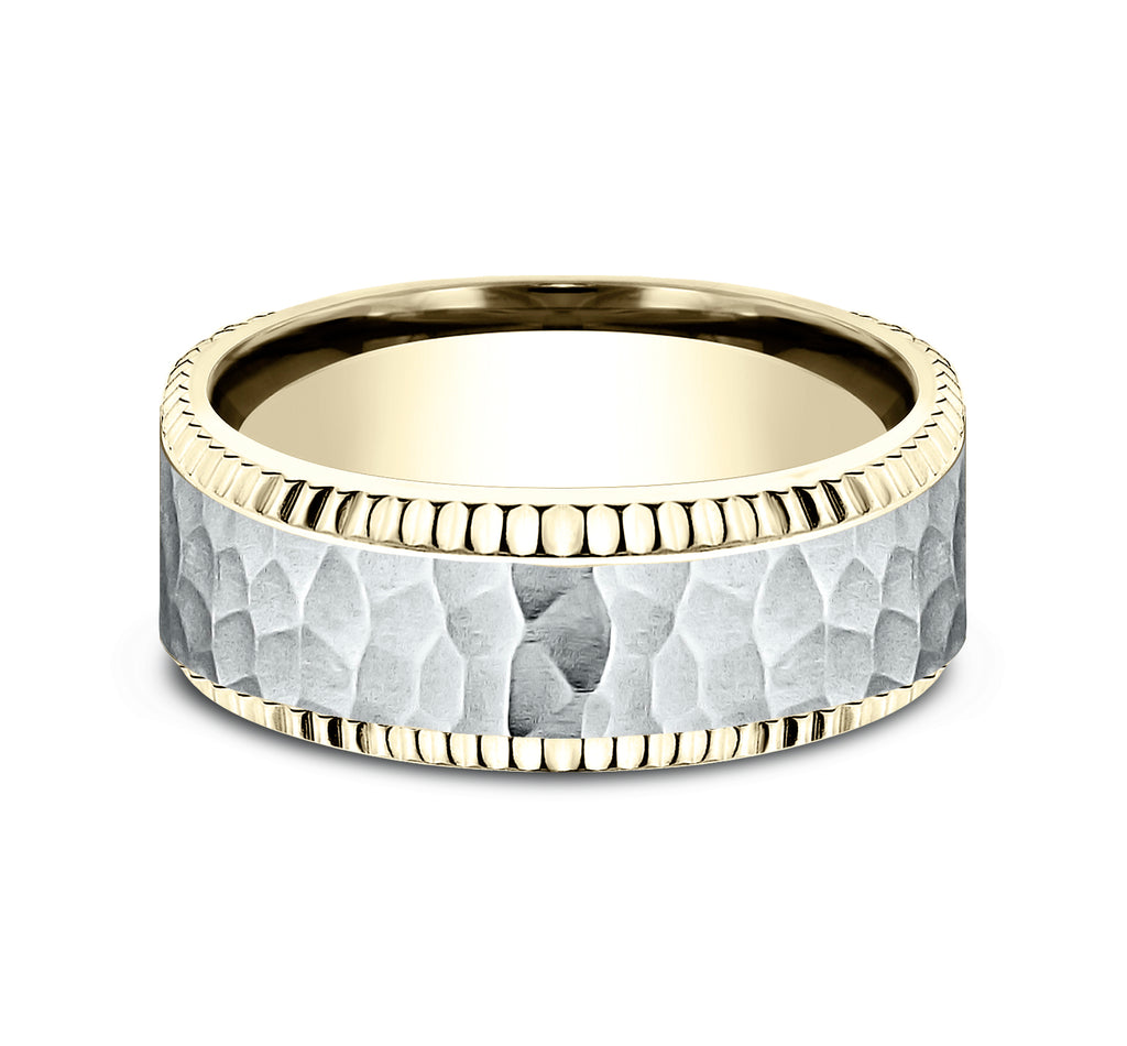 THE ANDERSON 8mm, Comfort fit, 14K Yellow and White Gold, Hammered center, coined bevel edges