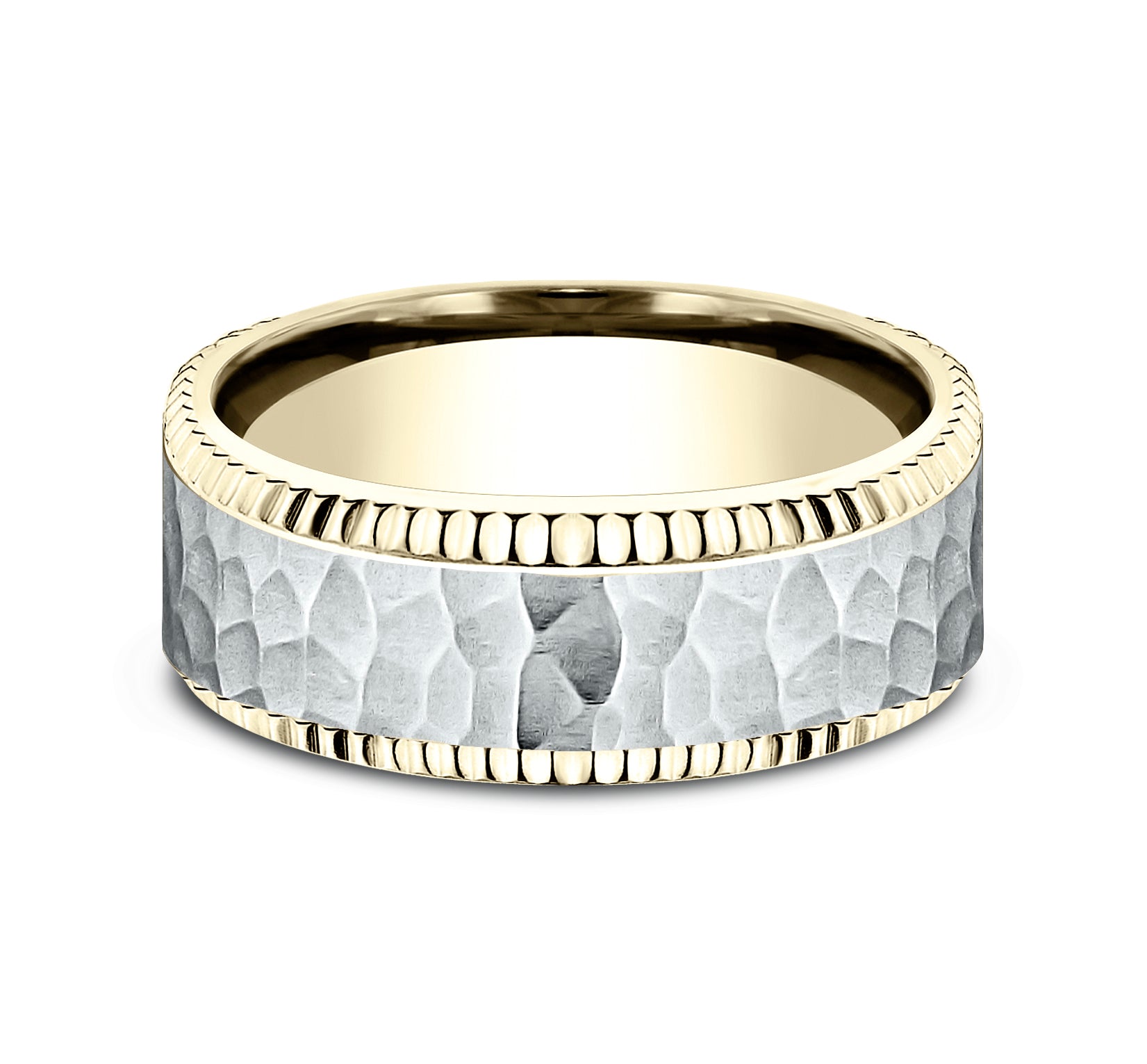 THE ANDERSON 8mm, Comfort fit, 14K Yellow and White Gold, Hammered center, coined bevel edges