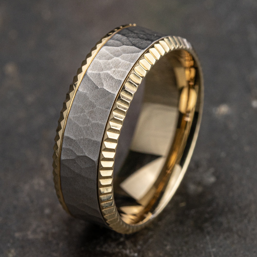 THE ANDERSON 8mm, Comfort fit, 14K Yellow and White Gold, Hammered center, coined bevel edges