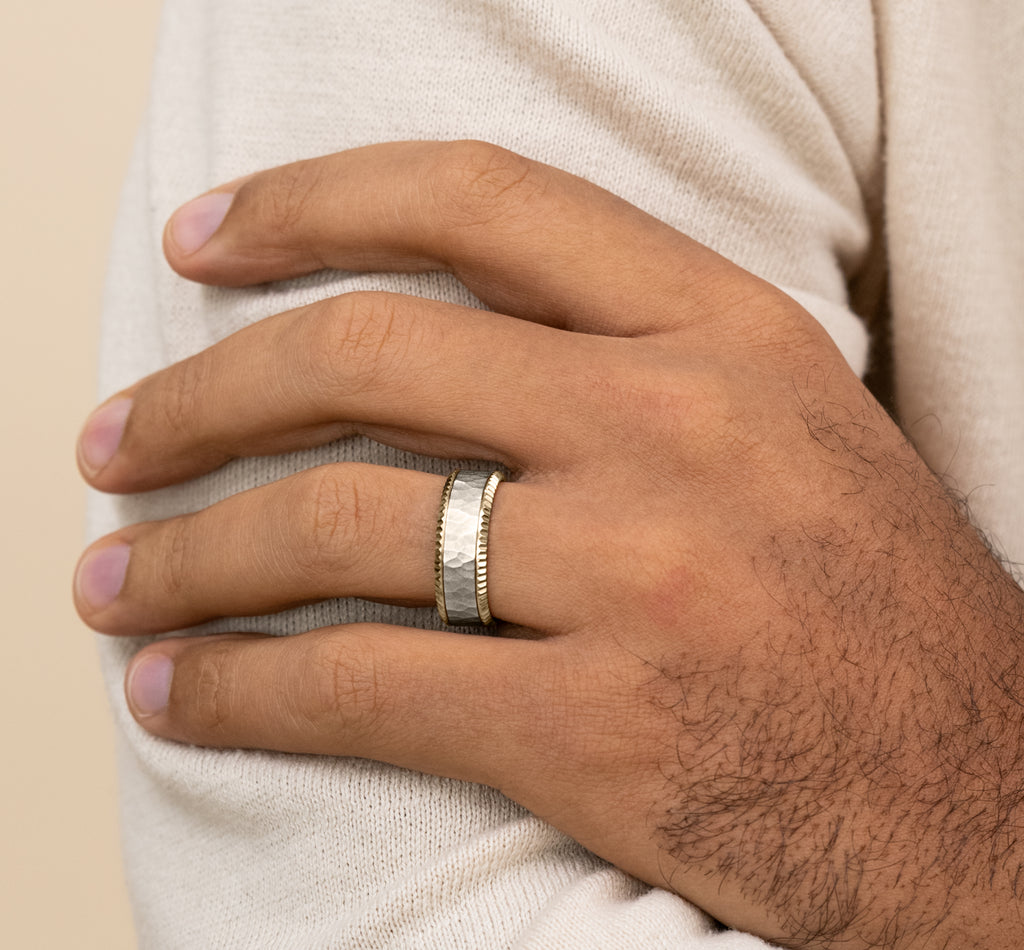 THE ANDERSON 8mm, Comfort fit, 14K Yellow and White Gold, Hammered center, coined bevel edges
