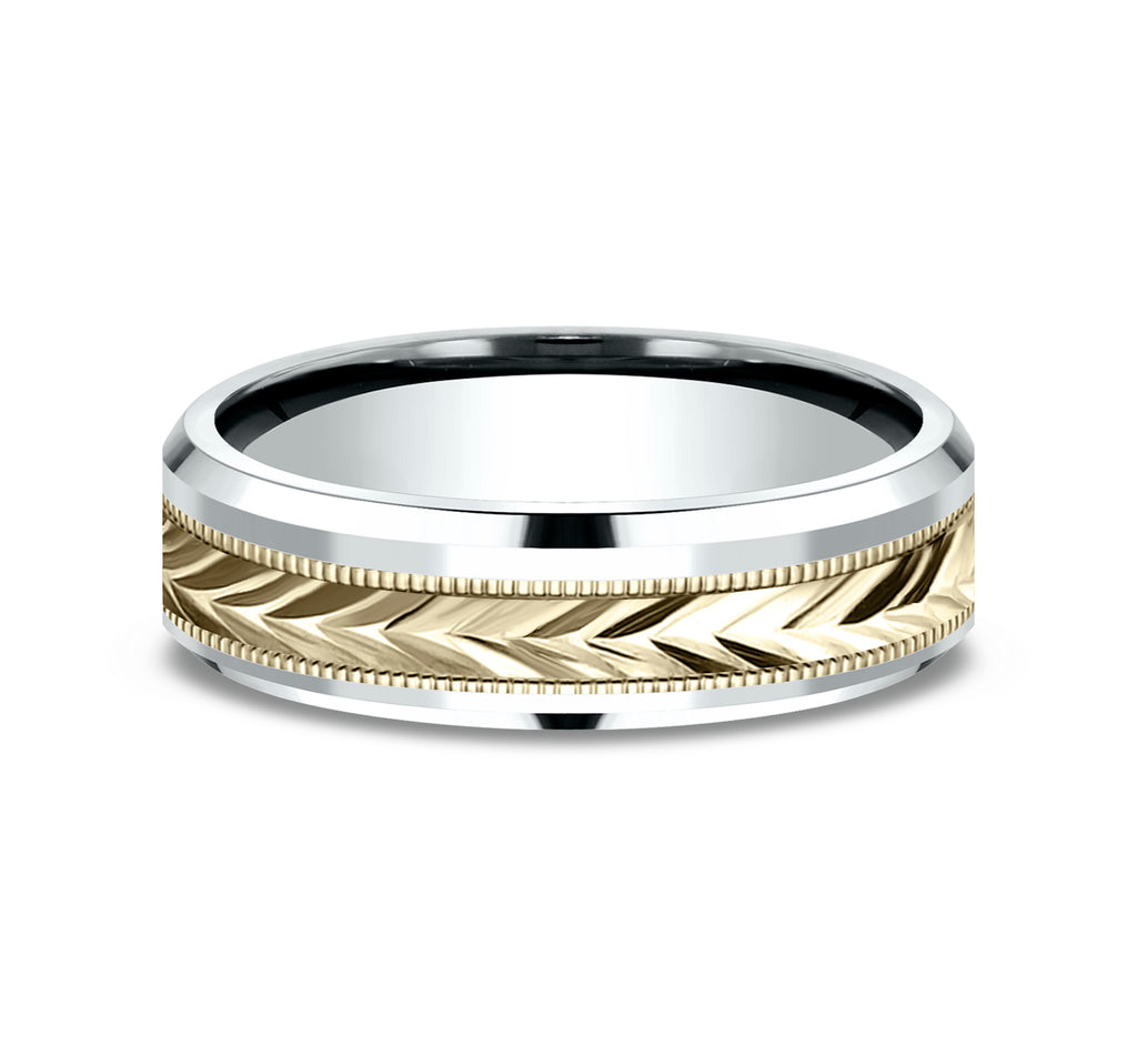THE ELECTOR 6mm, Comfort fit, 14K White and Yellow Gold, Wheat pattern with milgrain detail, polished bevel edges