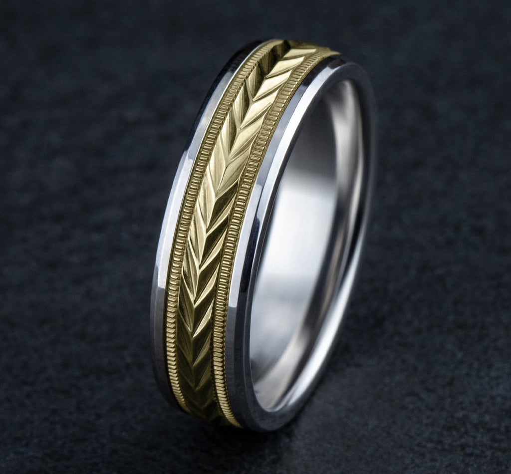 THE ELECTOR 6mm, Comfort fit, 14K White and Yellow Gold, Wheat pattern with milgrain detail, polished bevel edges