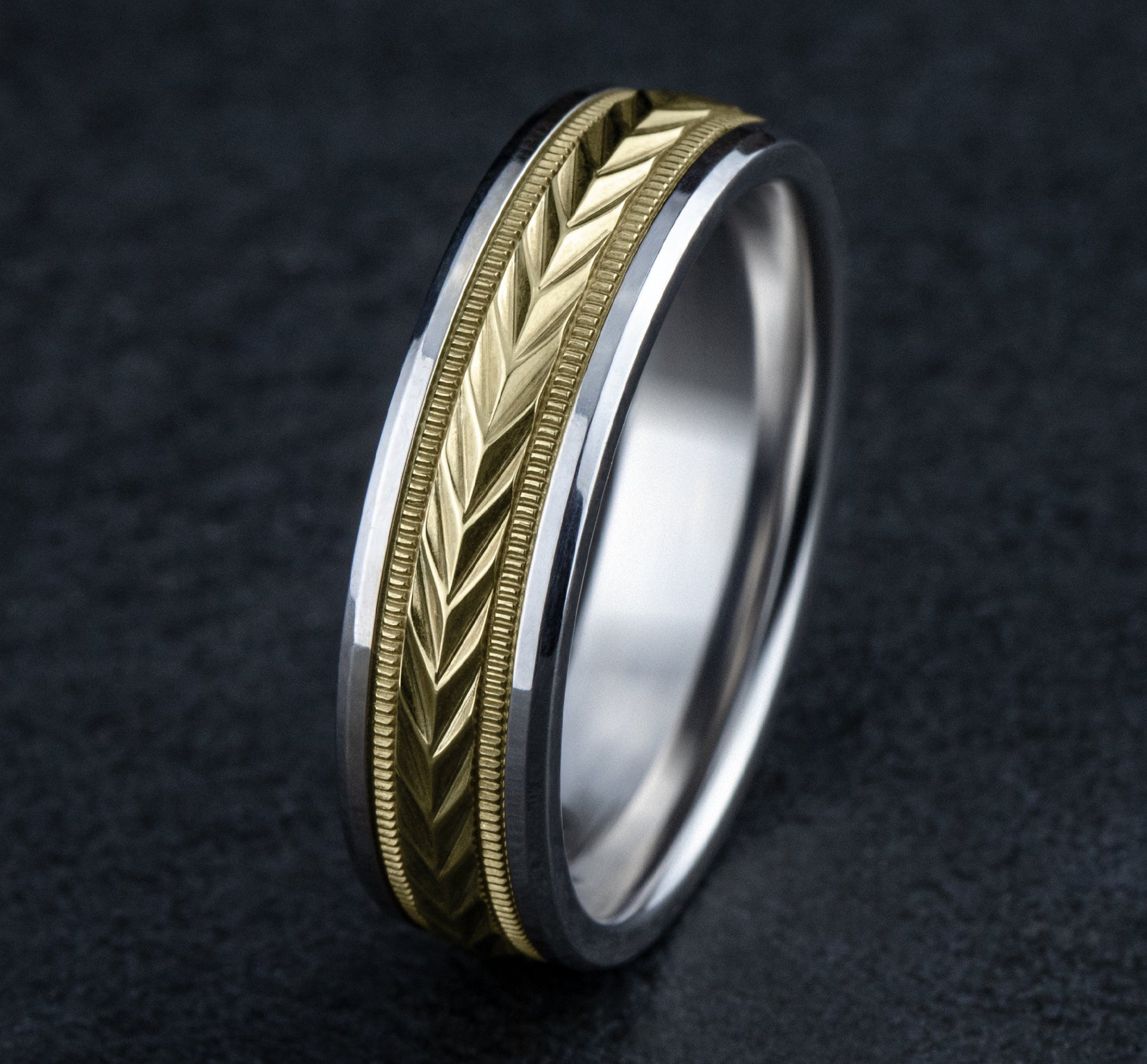 THE ELECTOR 6mm, Comfort fit, 14K White and Yellow Gold, Wheat pattern with milgrain detail, polished bevel edges