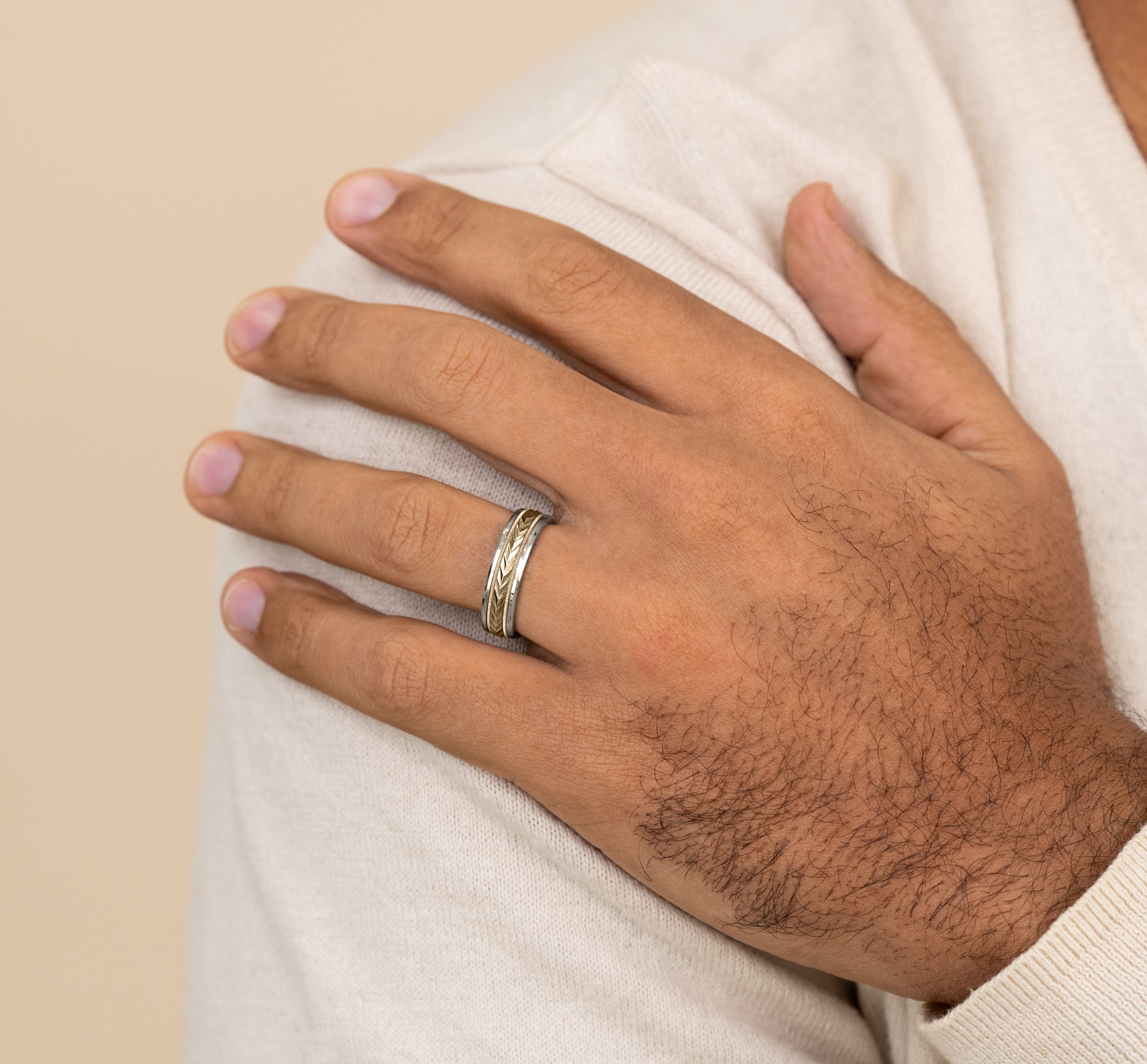 THE ELECTOR 6mm, Comfort fit, 14K White and Yellow Gold, Wheat pattern with milgrain detail, polished bevel edges