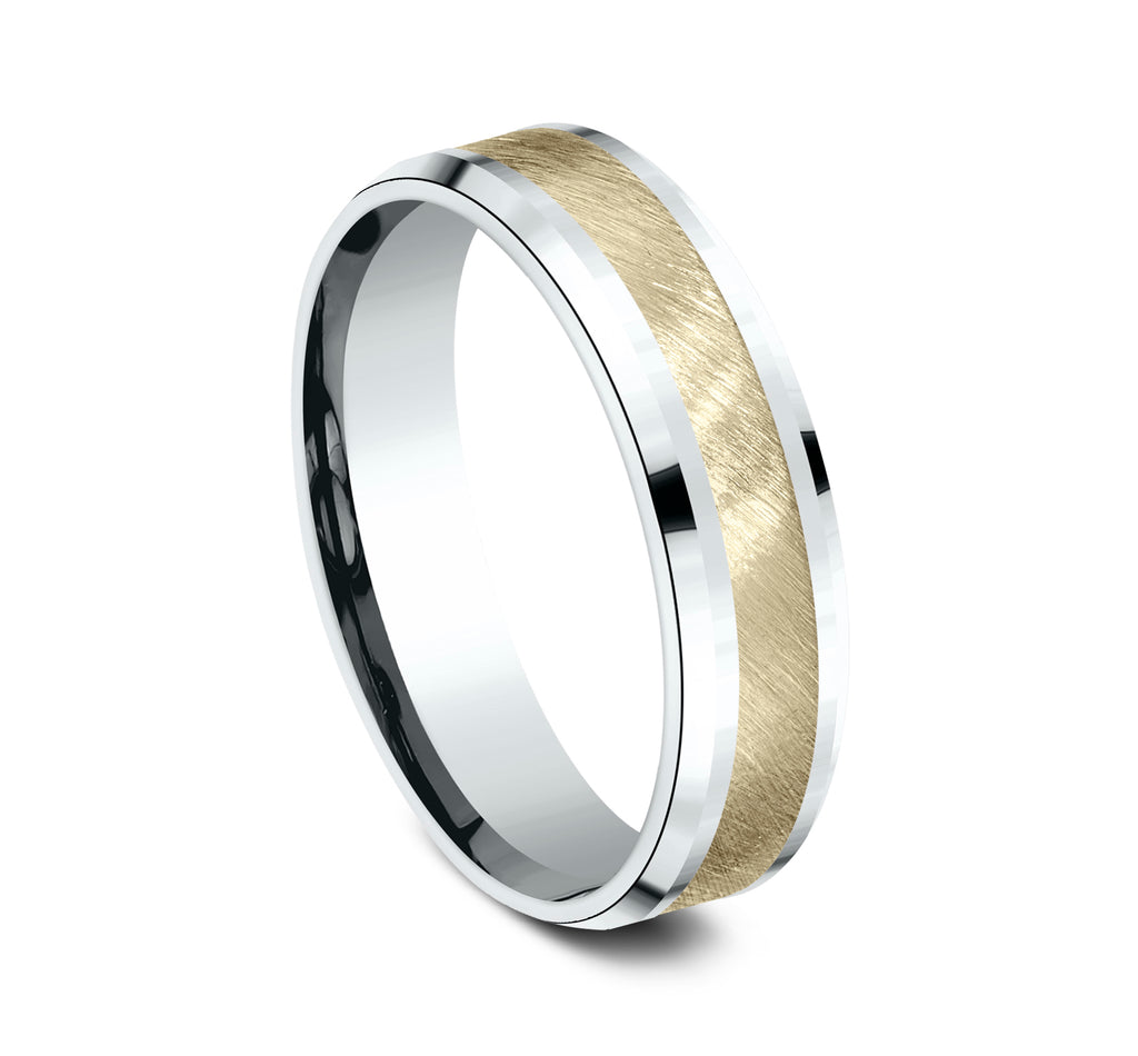 THE CAESAR 6mm, Comfort fit, 14K White and Yellow Gold, Diagonal satin finish, polished bevel edges