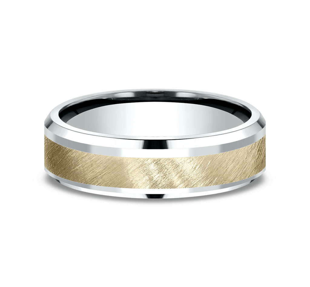 THE CAESAR 6mm, Comfort fit, 14K White and Yellow Gold, Diagonal satin finish, polished bevel edges