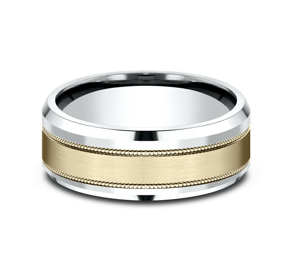 THE PROFESSOR 8mm, Comfort fit, 14K White and Yellow Gold, Satin center, milgrain detailing, polished bevel edges