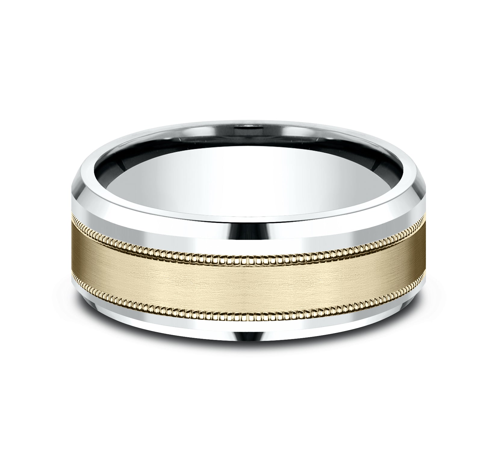 THE PROFESSOR 8mm, Comfort fit, 14K White and Yellow Gold, Satin center, milgrain detailing, polished bevel edges