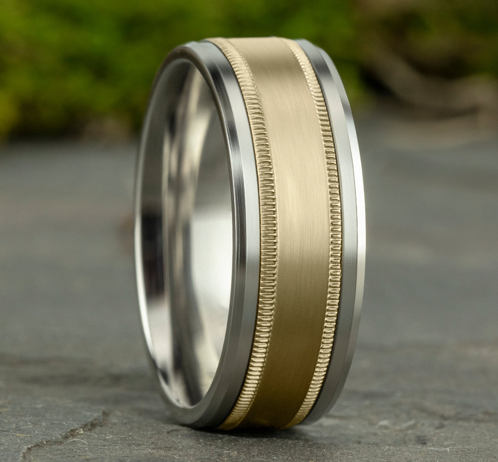 THE PROFESSOR 8mm, Comfort fit, 14K White and Yellow Gold, Satin center, milgrain detailing, polished bevel edges