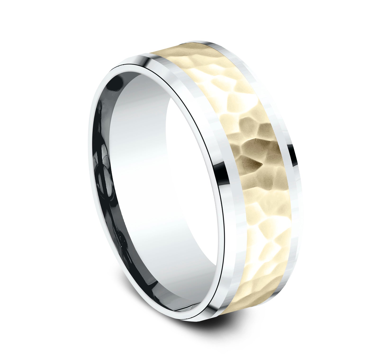 THE BORLAND 8mm, Comfort fit, 14K White and Yellow Gold, Hammered center, polished bevel edges