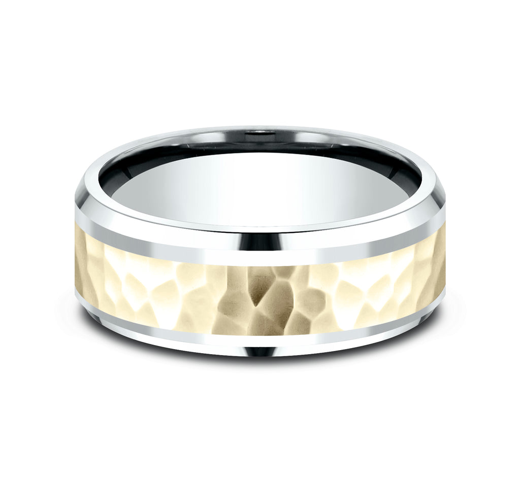 THE BORLAND 8mm, Comfort fit, 14K White and Yellow Gold, Hammered center, polished bevel edges