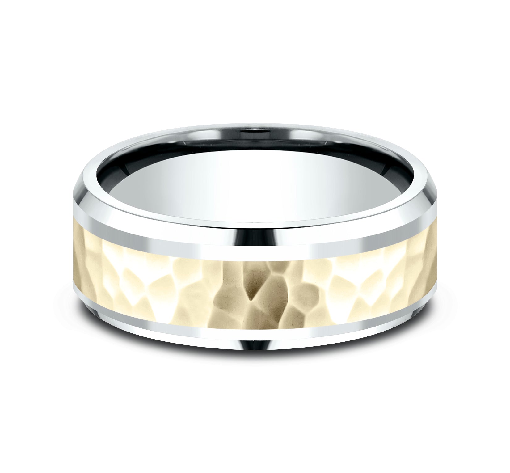 THE BORLAND 8mm, Comfort fit, 14K White and Yellow Gold, Hammered center, polished bevel edges