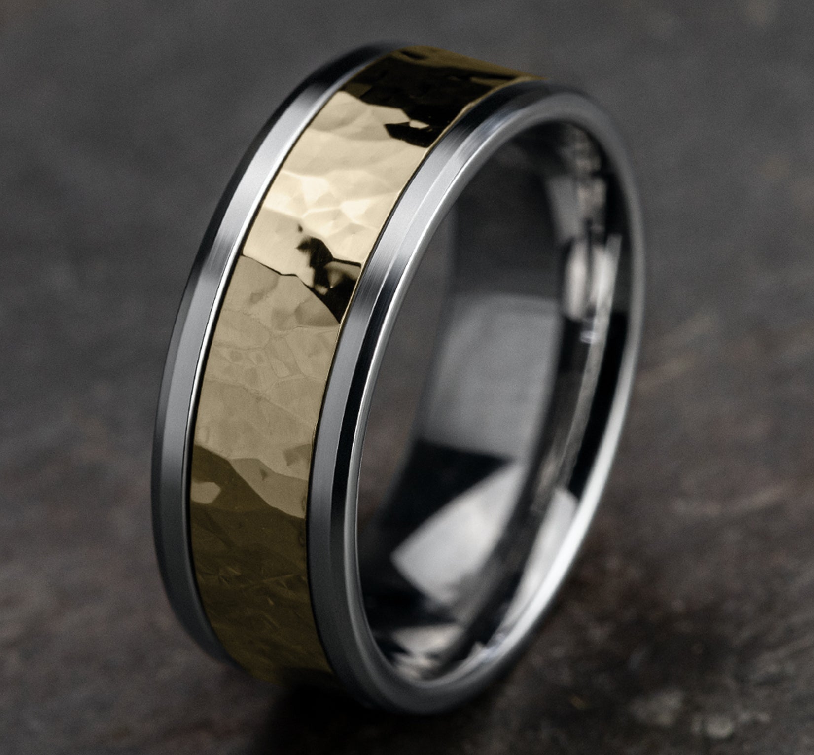 THE BORLAND 8mm, Comfort fit, 14K White and Yellow Gold, Hammered center, polished bevel edges