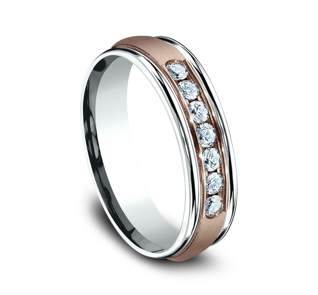 THE ROOSEVELT 6mm, Comfort fit, 14K White and Rose Gold, Satin center, polished round edges, 7 channel set diamonds, Carat weight is .42ct, Clarity SI1-2, Color GH