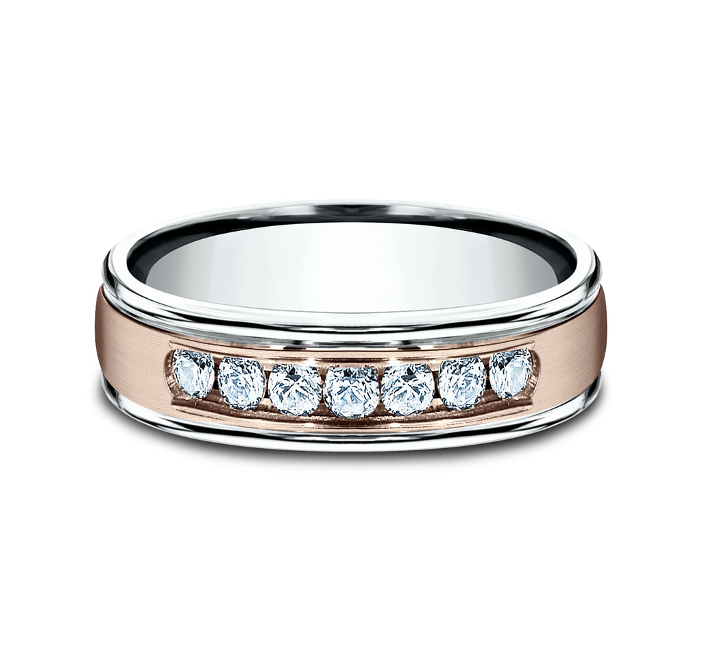 THE ROOSEVELT 6mm, Comfort fit, 14K White and Rose Gold, Satin center, polished round edges, 7 channel set diamonds, Carat weight is .42ct, Clarity SI1-2, Color GH