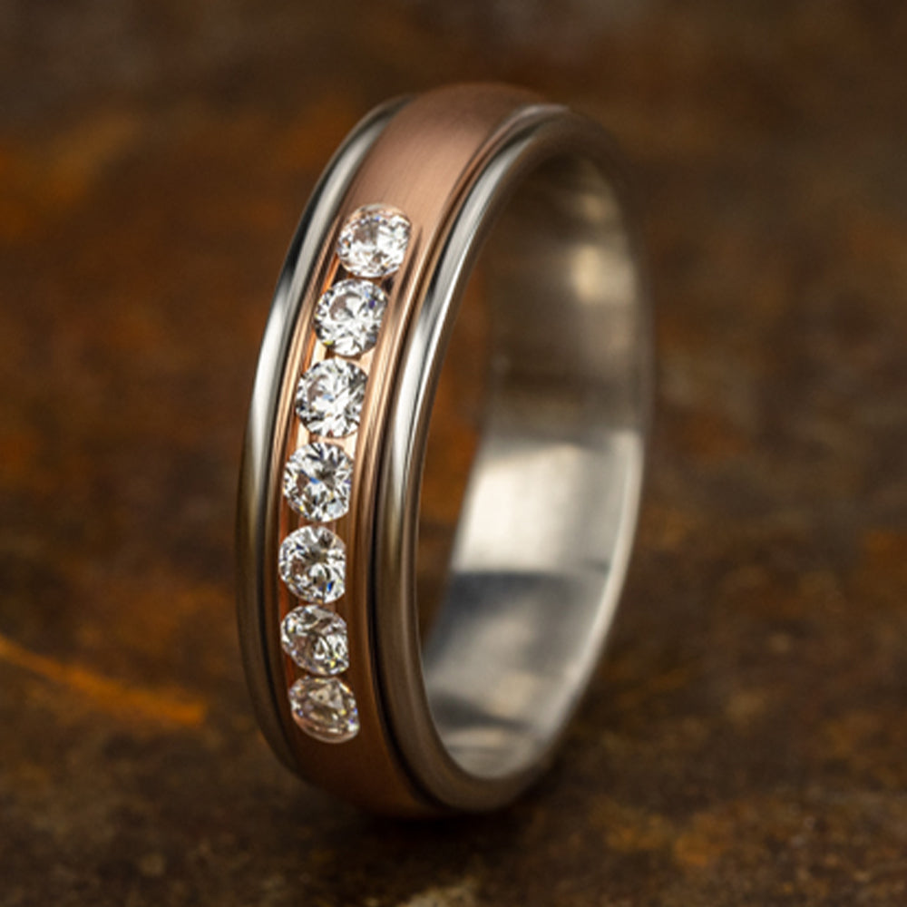 THE ROOSEVELT 6mm, Comfort fit, 14K White and Rose Gold, Satin center, polished round edges, 7 channel set diamonds, Carat weight is .42ct, Clarity SI1-2, Color GH
