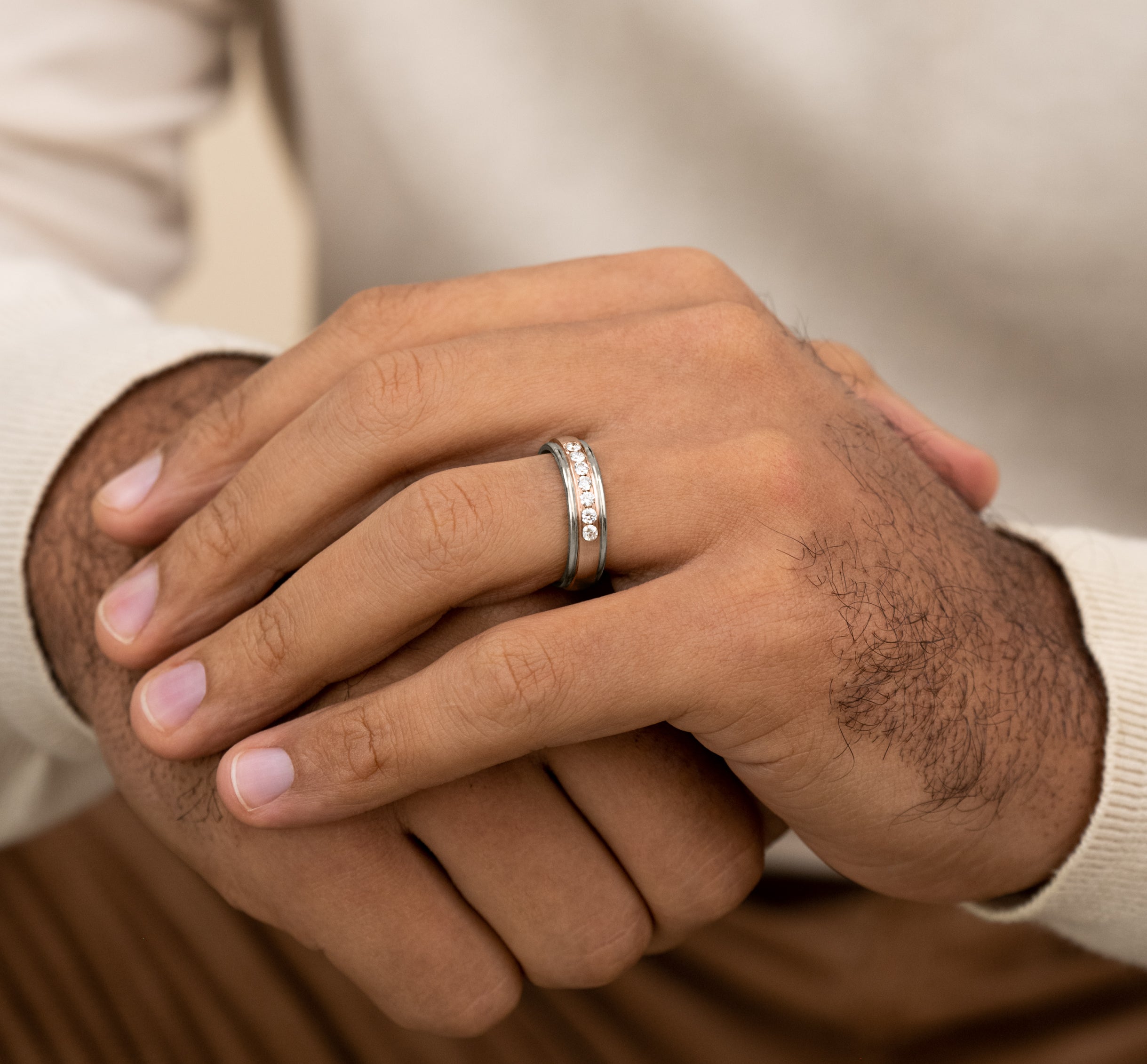 THE ROOSEVELT 6mm, Comfort fit, 14K White and Rose Gold, Satin center, polished round edges, 7 channel set diamonds, Carat weight is .42ct, Clarity SI1-2, Color GH