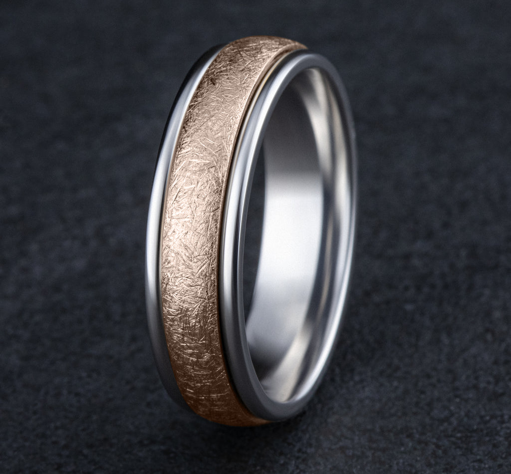 THE VOLTAIRE 6mm, Comfort fit, 14K White and Rose Gold, Swirl finish, polished round edges