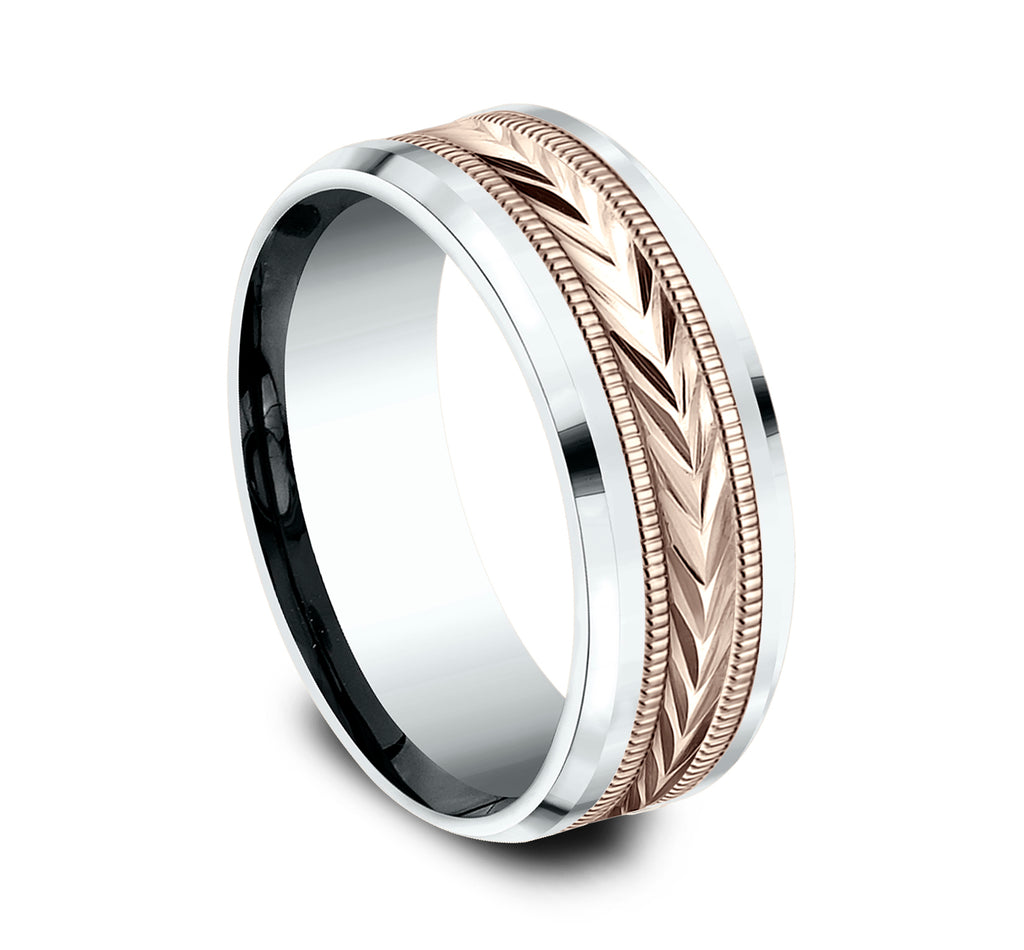 THE ELECTOR 8mm, Comfort fit, 14K White and Rose Gold, Wheat pattern with milgrain detail, polished bevel edges