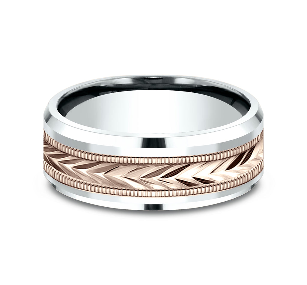 THE ELECTOR 8mm, Comfort fit, 14K White and Rose Gold, Wheat pattern with milgrain detail, polished bevel edges