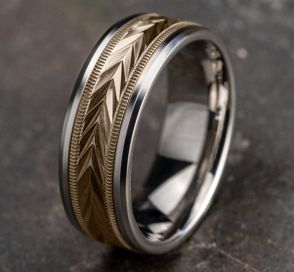 THE ELECTOR 8mm, Comfort fit, 14K White and Rose Gold, Wheat pattern with milgrain detail, polished bevel edges
