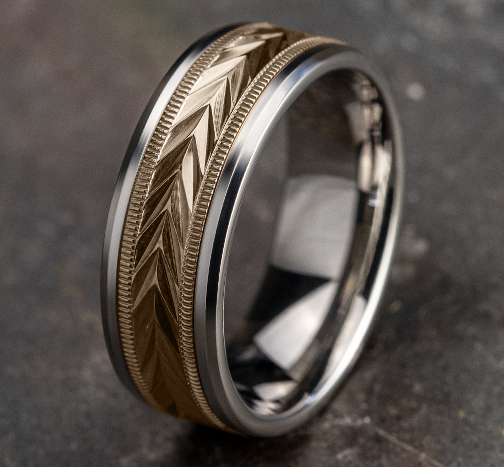 THE ELECTOR 8mm, Comfort fit, 14K White and Rose Gold, Wheat pattern with milgrain detail, polished bevel edges
