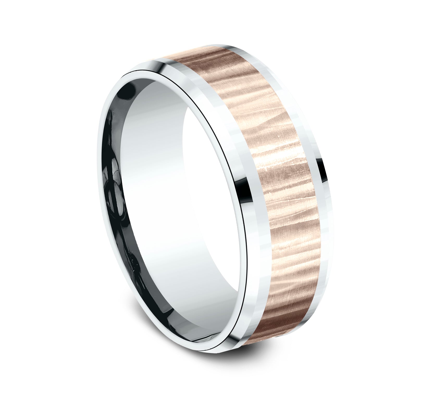 THE EXCAVATOR 8mm, Comfort fit, 14K White and Rose Gold, Vertical hammered finish, polished bevel edges