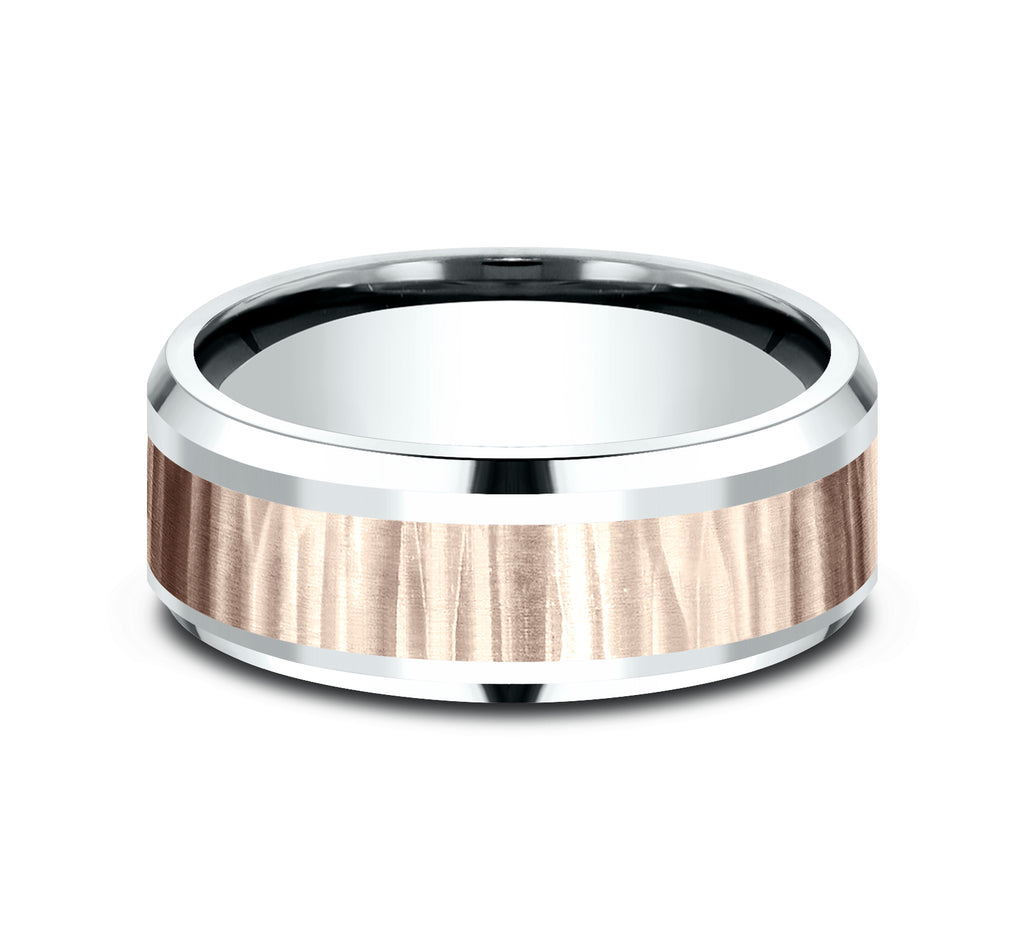 THE EXCAVATOR 8mm, Comfort fit, 14K White and Rose Gold, Vertical hammered finish, polished bevel edges