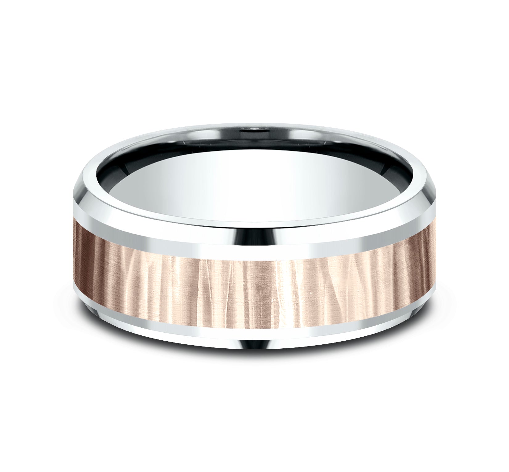 THE EXCAVATOR 8mm, Comfort fit, 14K White and Rose Gold, Vertical hammered finish, polished bevel edges