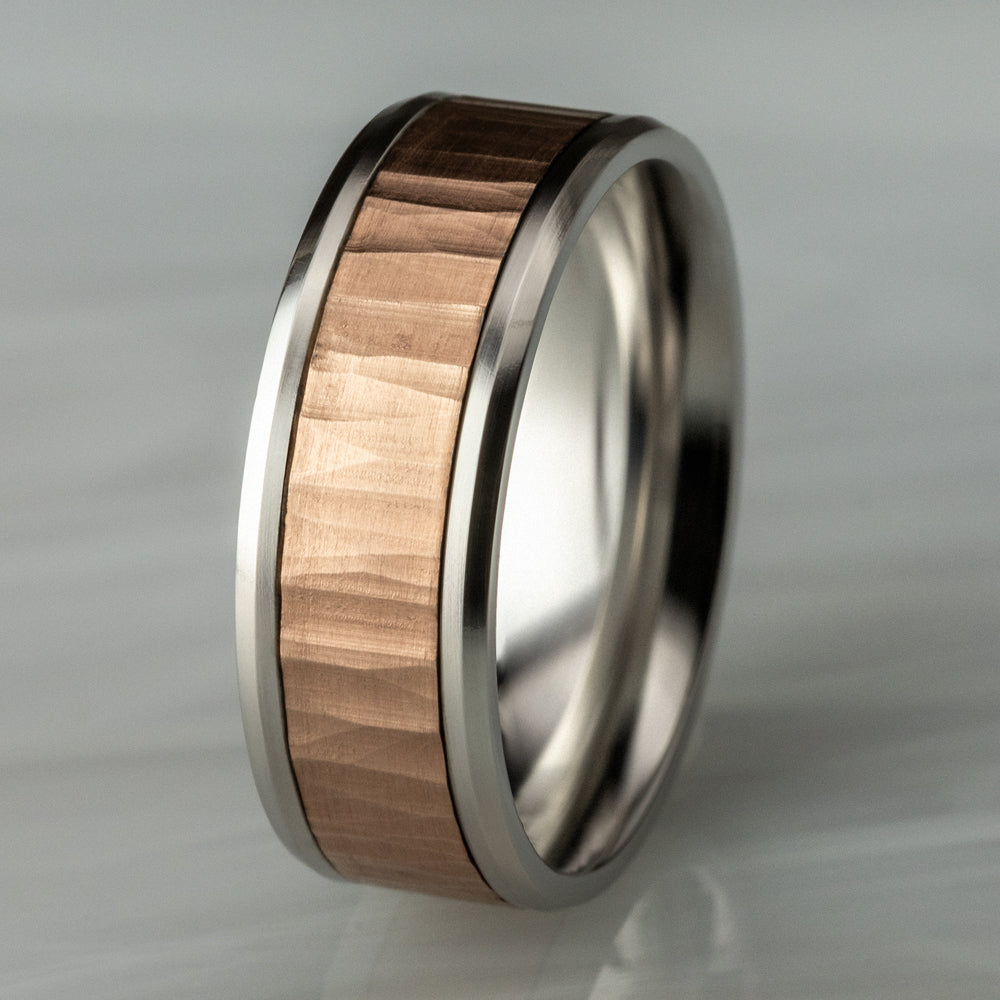 THE EXCAVATOR 8mm, Comfort fit, 14K White and Rose Gold, Vertical hammered finish, polished bevel edges