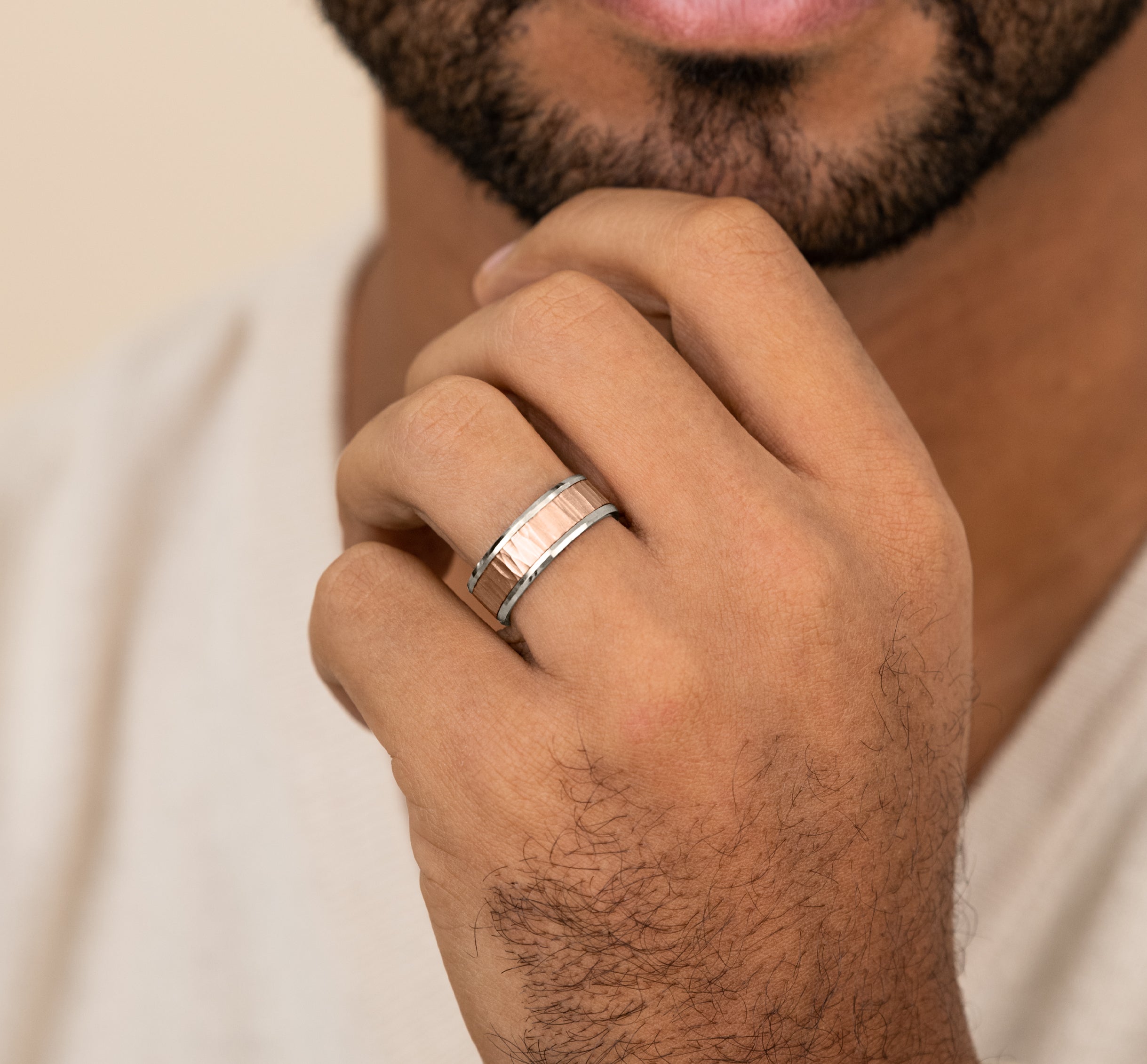 THE EXCAVATOR 8mm, Comfort fit, 14K White and Rose Gold, Vertical hammered finish, polished bevel edges