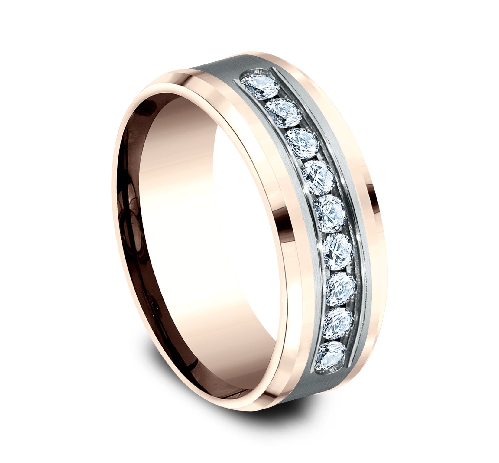 THE MARQUIS 8mm, Comfort fit, 14K Rose and White Gold, Satin center, polished bevel edges, 9 channel set diamonds, Carat weight is .72ct, Clarity SI1-2, Color GH