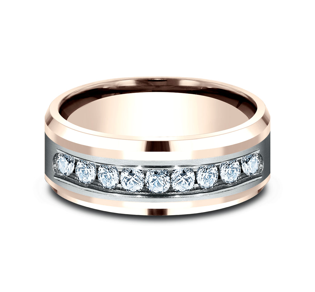 THE MARQUIS 8mm, Comfort fit, 14K Rose and White Gold, Satin center, polished bevel edges, 9 channel set diamonds, Carat weight is .72ct, Clarity SI1-2, Color GH