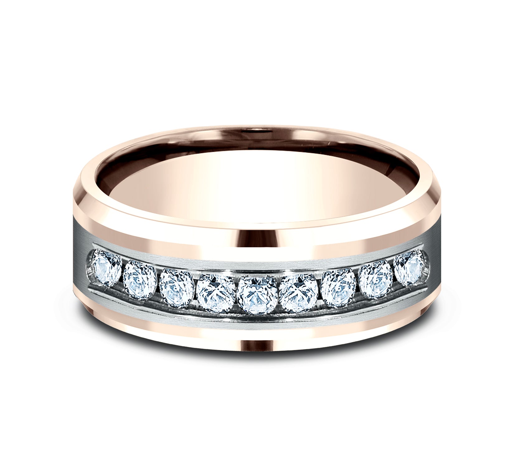 THE MARQUIS 8mm, Comfort fit, 14K Rose and White Gold, Satin center, polished bevel edges, 9 channel set diamonds, Carat weight is .72ct, Clarity SI1-2, Color GH