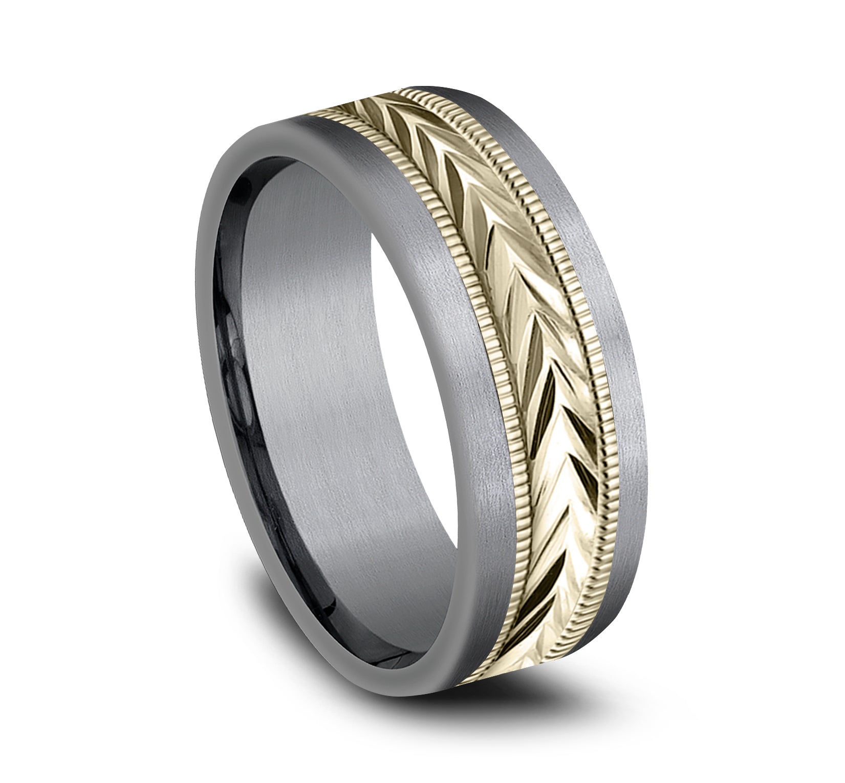 THE HARVEST 8mm, Comfort fit, Grey Tantalum and 14K Yellow Gold, Wheat pattern with milgrain detail, straight edges