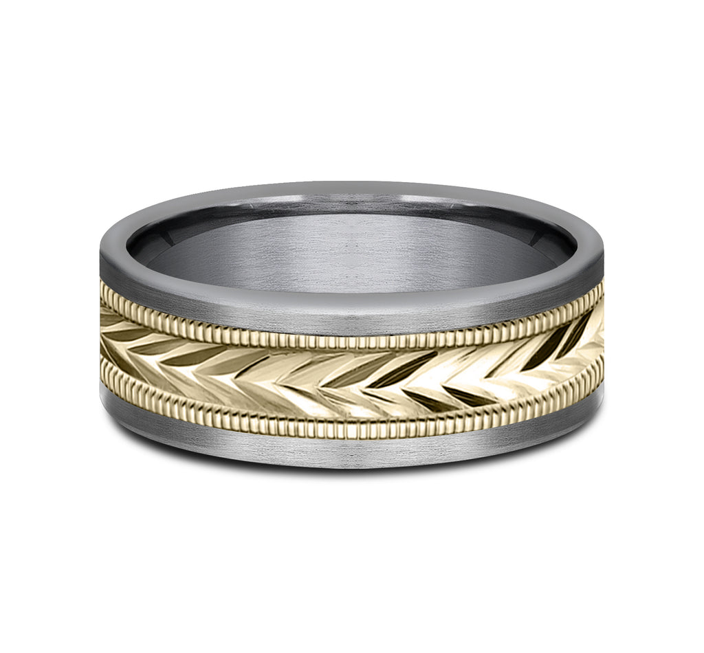 THE HARVEST 8mm, Comfort fit, Grey Tantalum and 14K Yellow Gold, Wheat pattern with milgrain detail, straight edges
