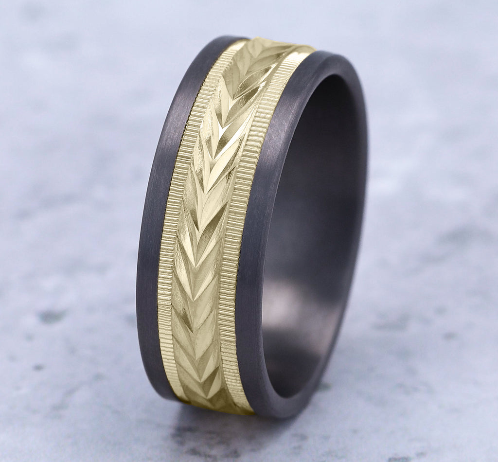 THE HARVEST 8mm, Comfort fit, Grey Tantalum and 14K Yellow Gold, Wheat pattern with milgrain detail, straight edges