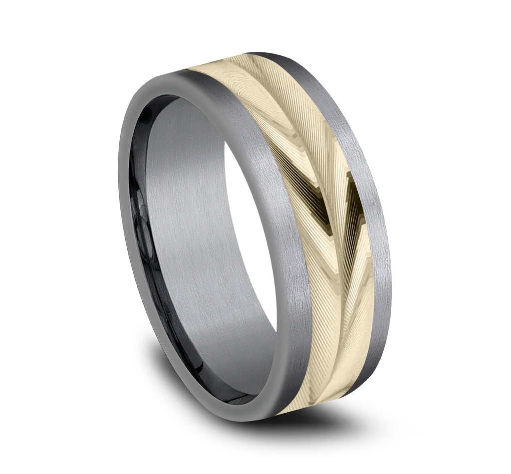 THE TIMELESS 8mm, Comfort fit, Grey Tantalum and 14K Yellow Gold, Polished small wheat patterned center