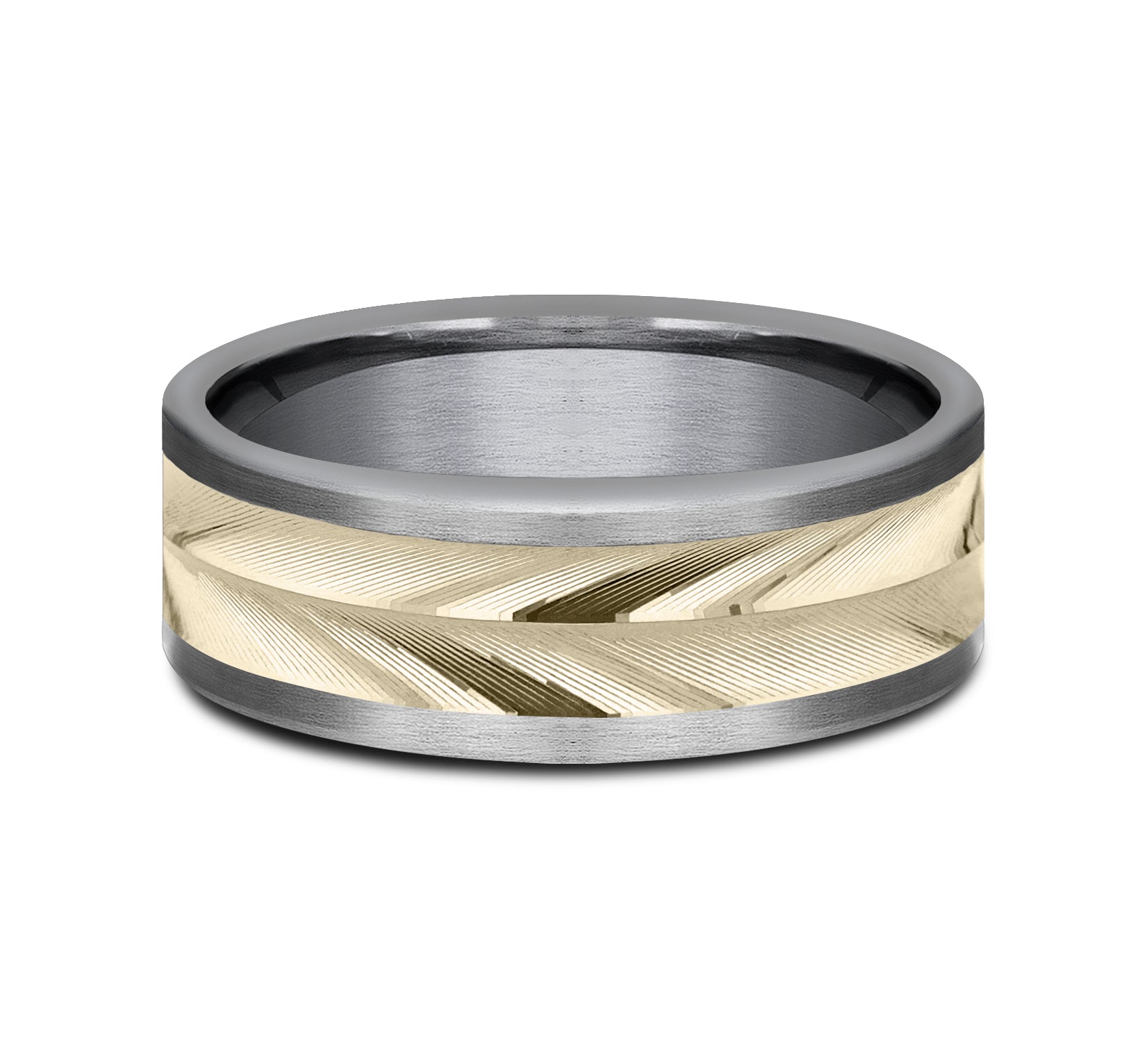THE TIMELESS 8mm, Comfort fit, Grey Tantalum and 14K Yellow Gold, Polished small wheat patterned center